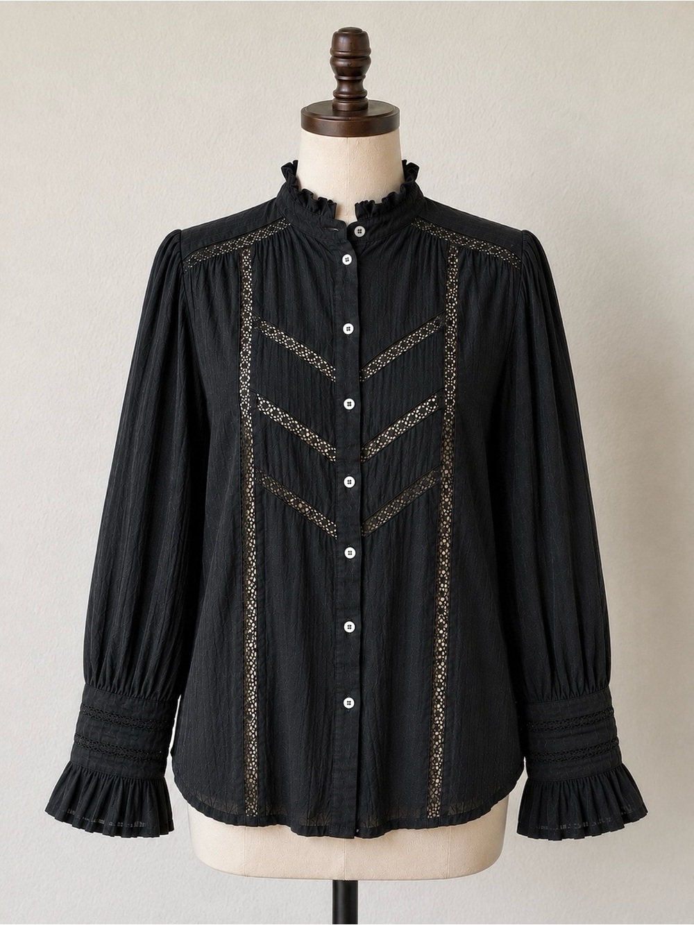 Sundance Black Cotton Lace Ruffle Western  Boho Blouse Textured Crinkle Size L